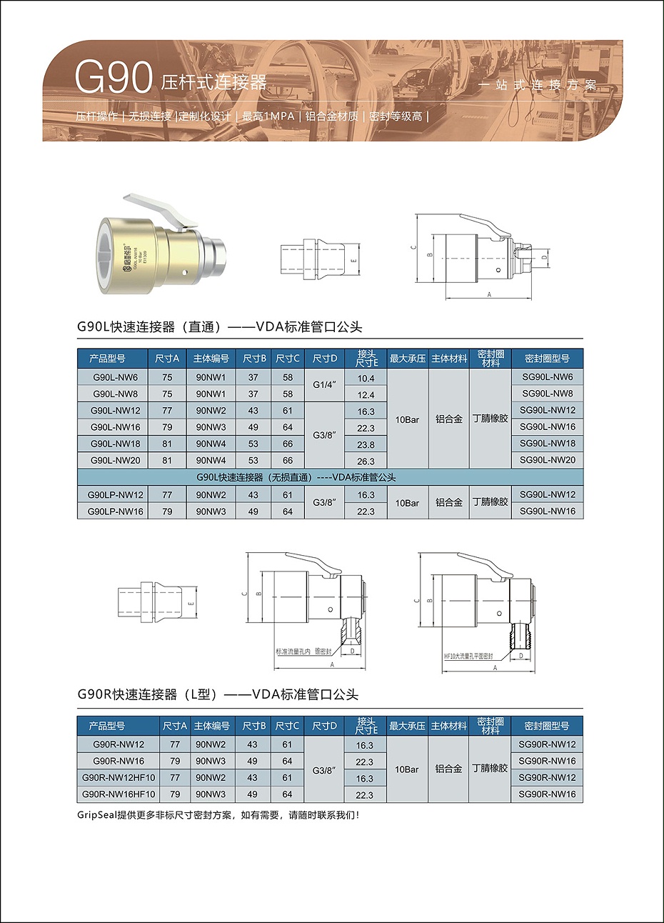 G90L系列压杆式无损连接器选型表